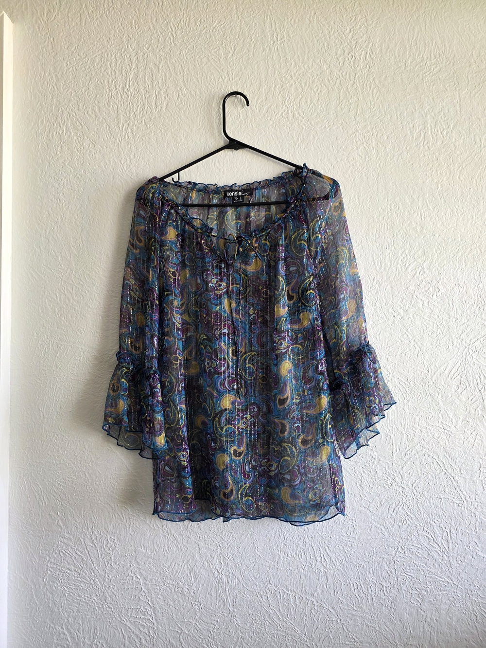 Kensie Sheer Paisley Peasant Blouse - Blue Multi